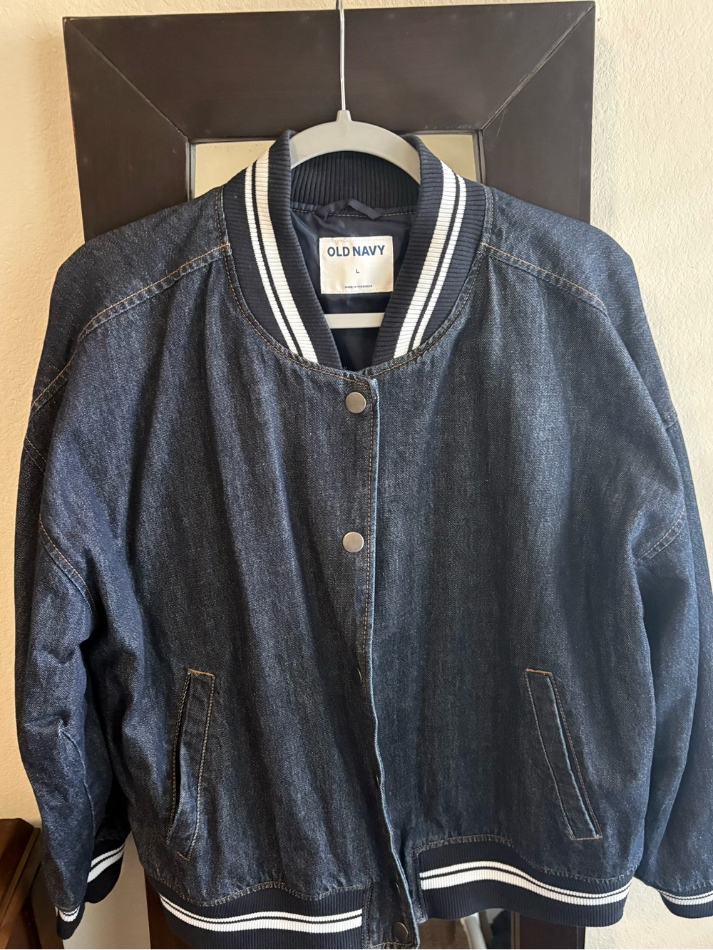 Old Navy Navy Denim Bomber Jacket with White Stripe Trim
